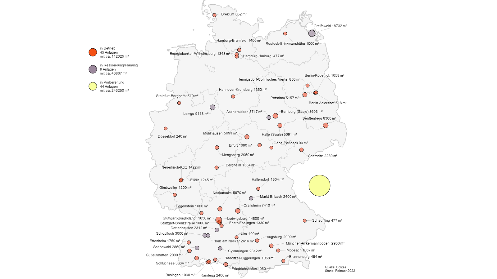 In der Deutschlandkarte wird die aktuelle Entwicklung von solarer Nah- und Fernwärme dargestellt.