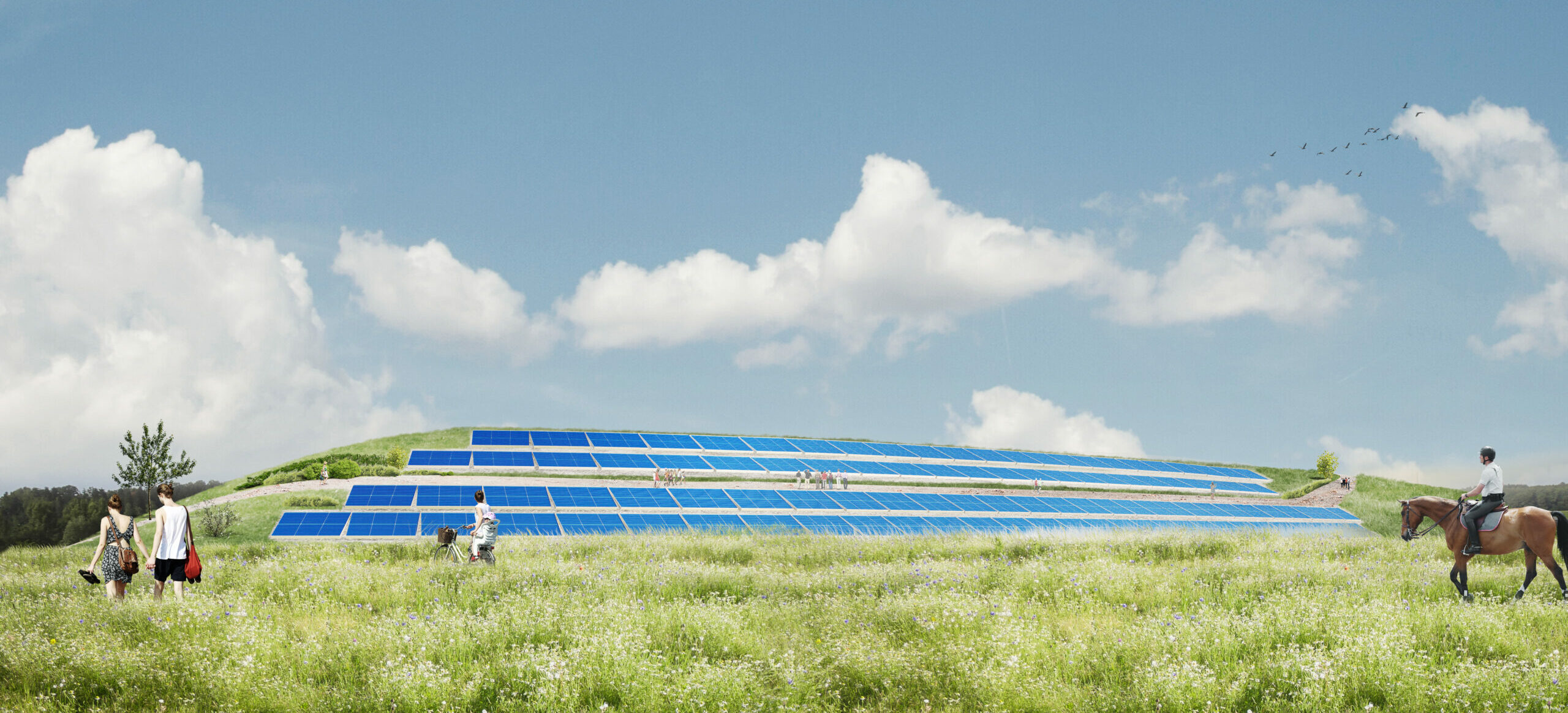 Visualisierung der zukünftigen Solarthermie-Anlage für das neue Nahwärmenetz im Neubauwohngebiet Killberg IV in Hechingen.